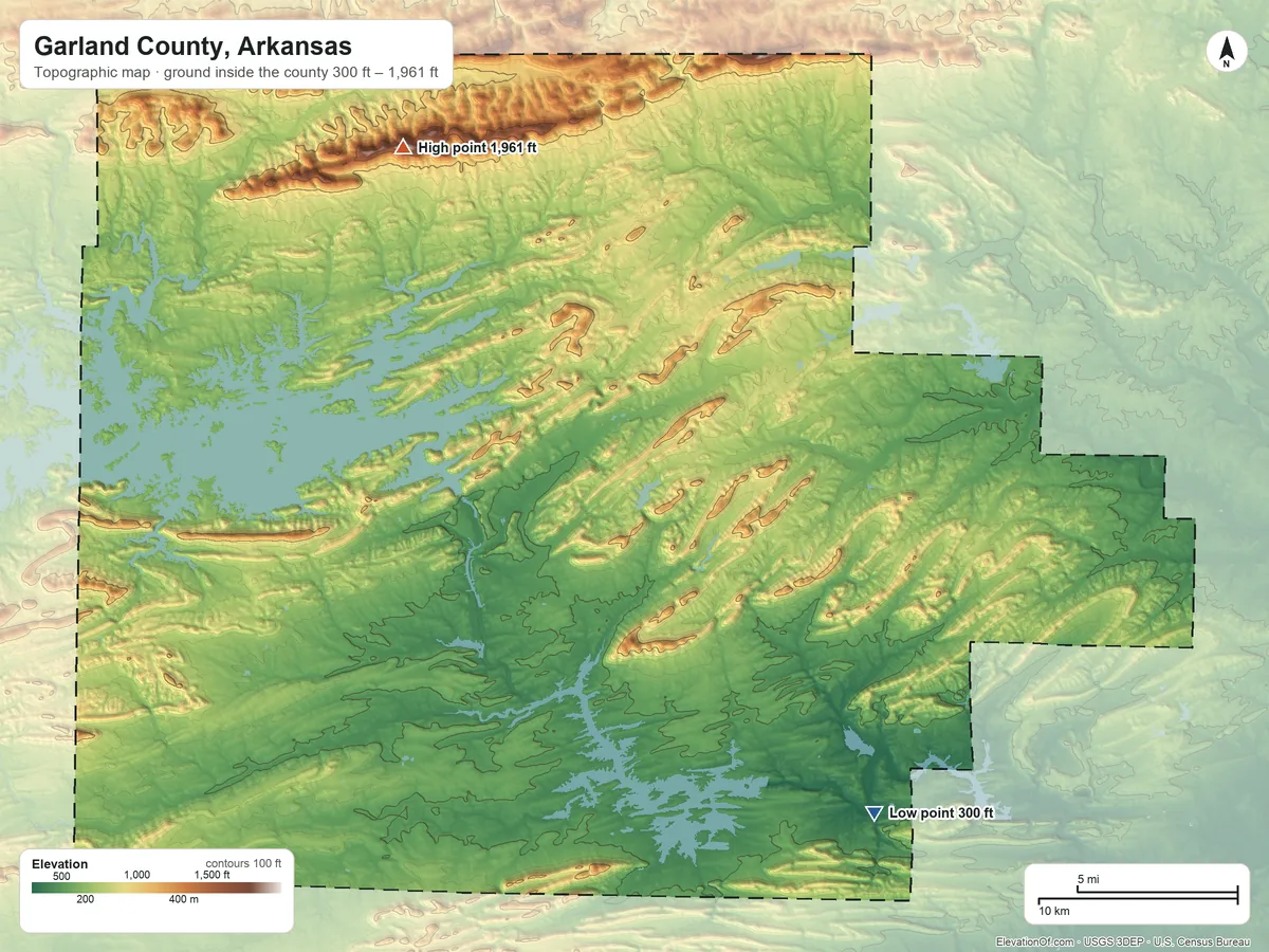 Topographic elevation map of Garland County, Arkansas, shaded from 300 ft on the southeast side to 1,961 ft on Ouachita Pinnacle