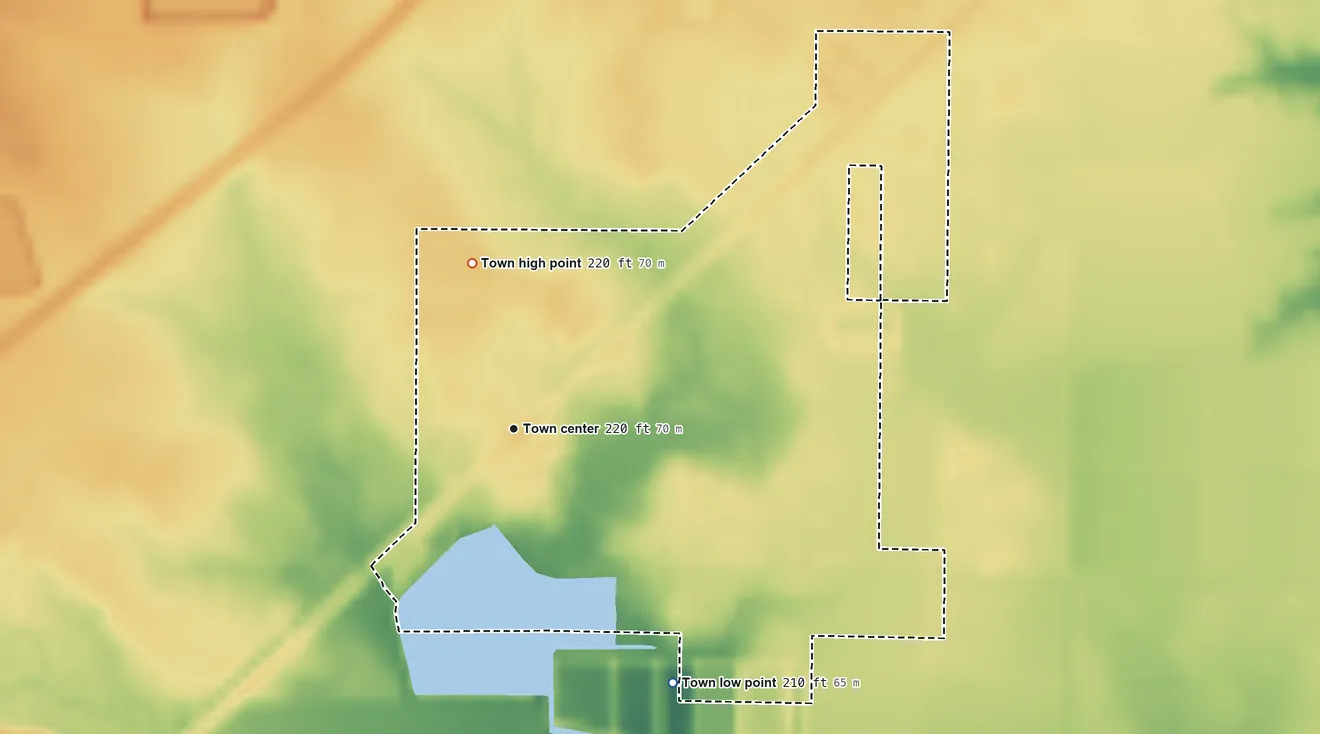Topographic elevation map of Garner, Arkansas, shaded from 210 ft on the southeast side to 220 ft on the north side