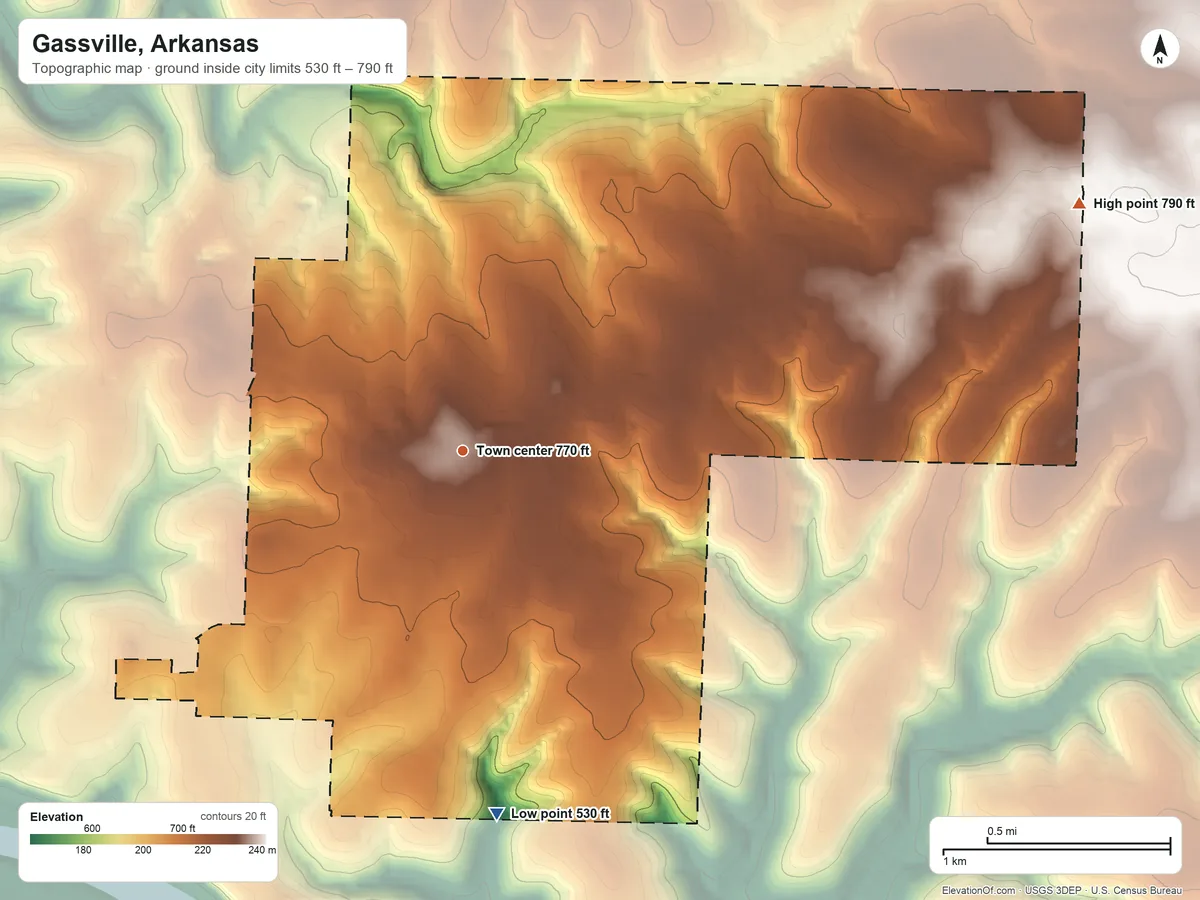 Topographic elevation map of Gassville, Arkansas, shaded from 530 ft on the south side to 790 ft on the east side