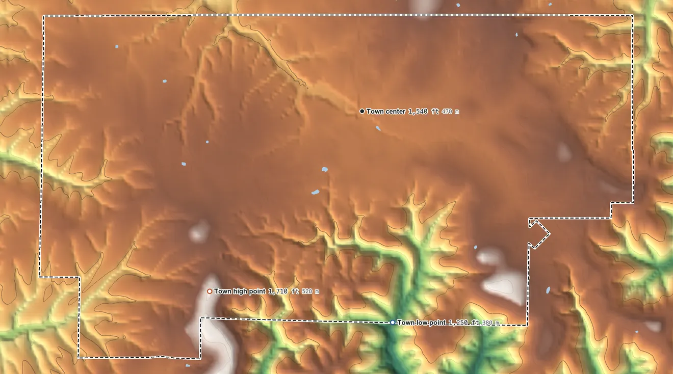 Topographic elevation map of Gateway, Arkansas, shaded from 1,250 ft on the south side to 1,710 ft on the southwest side