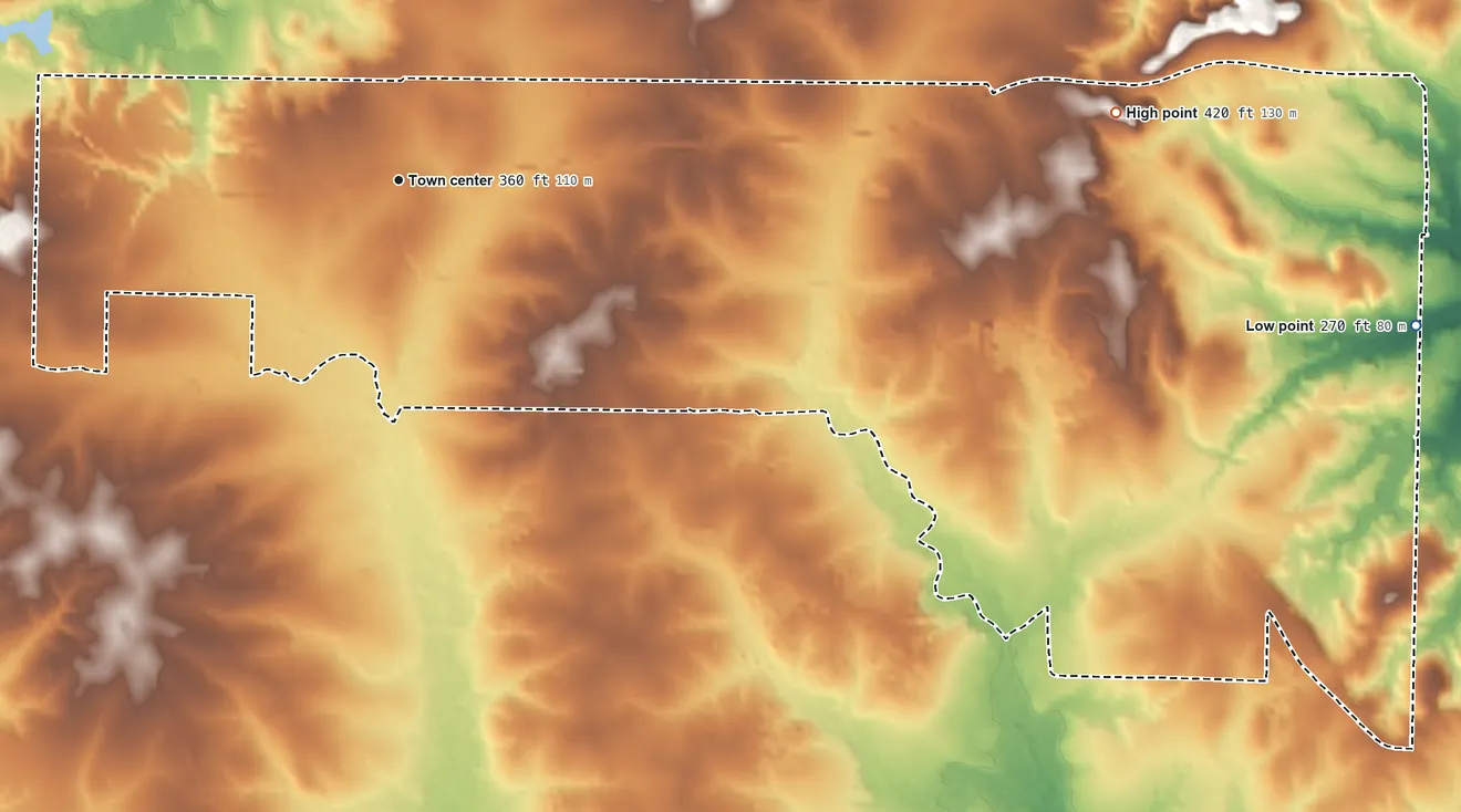Topographic elevation map of Genoa, Arkansas, shaded from 270 ft on the east side to 420 ft on the east side