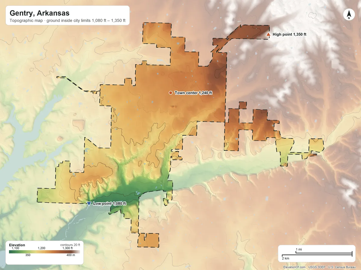 Topographic elevation map of Gentry, Arkansas, shaded from 1,080 ft on the southwest side to 1,350 ft on the northeast side