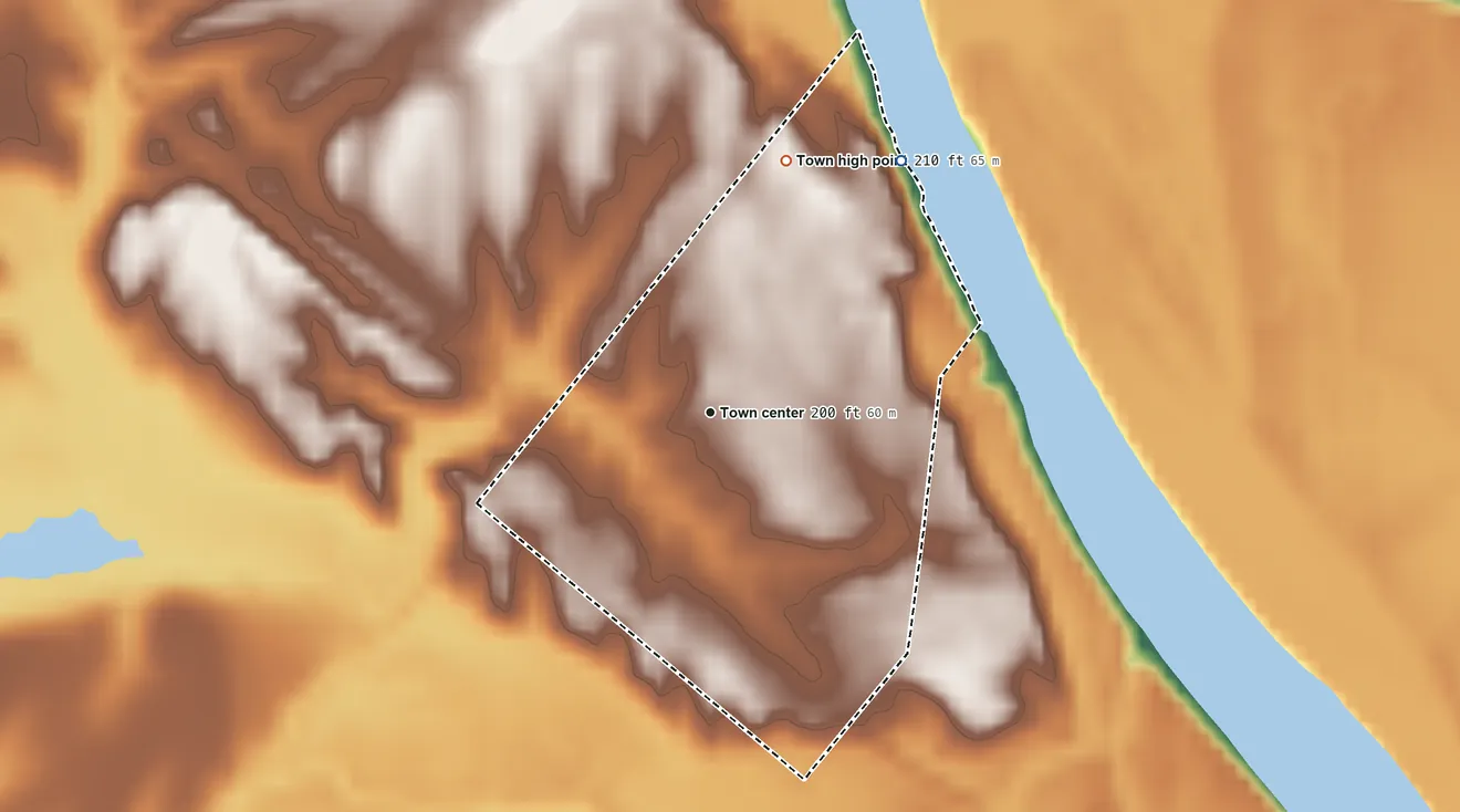 Topographic elevation map of Georgetown, Arkansas, shaded from 170 ft on the northeast side to 210 ft on the north side