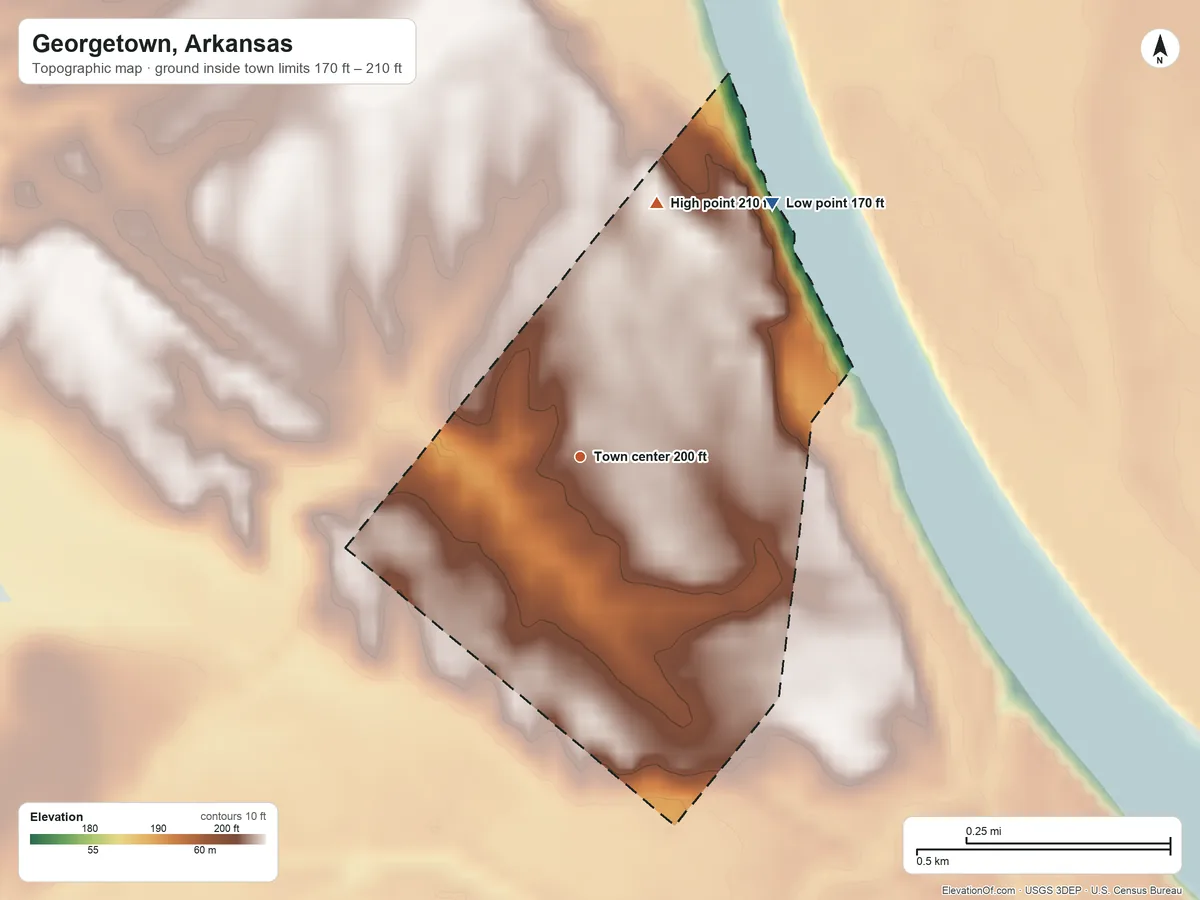 Topographic elevation map of Georgetown, Arkansas, shaded from 170 ft on the northeast side to 210 ft on the north side