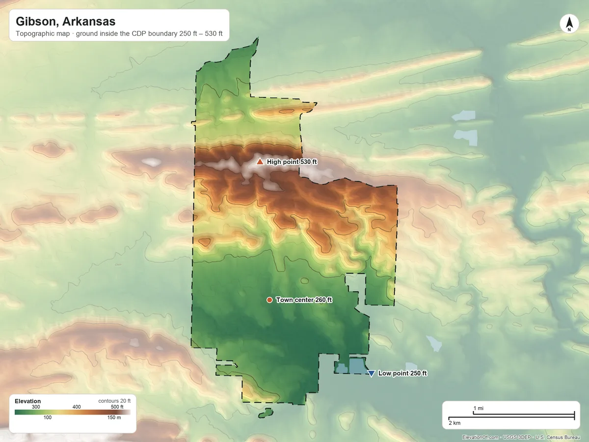 Topographic elevation map of Gibson, Arkansas, shaded from 250 ft on the southeast side to 530 ft on Big Rock Hill