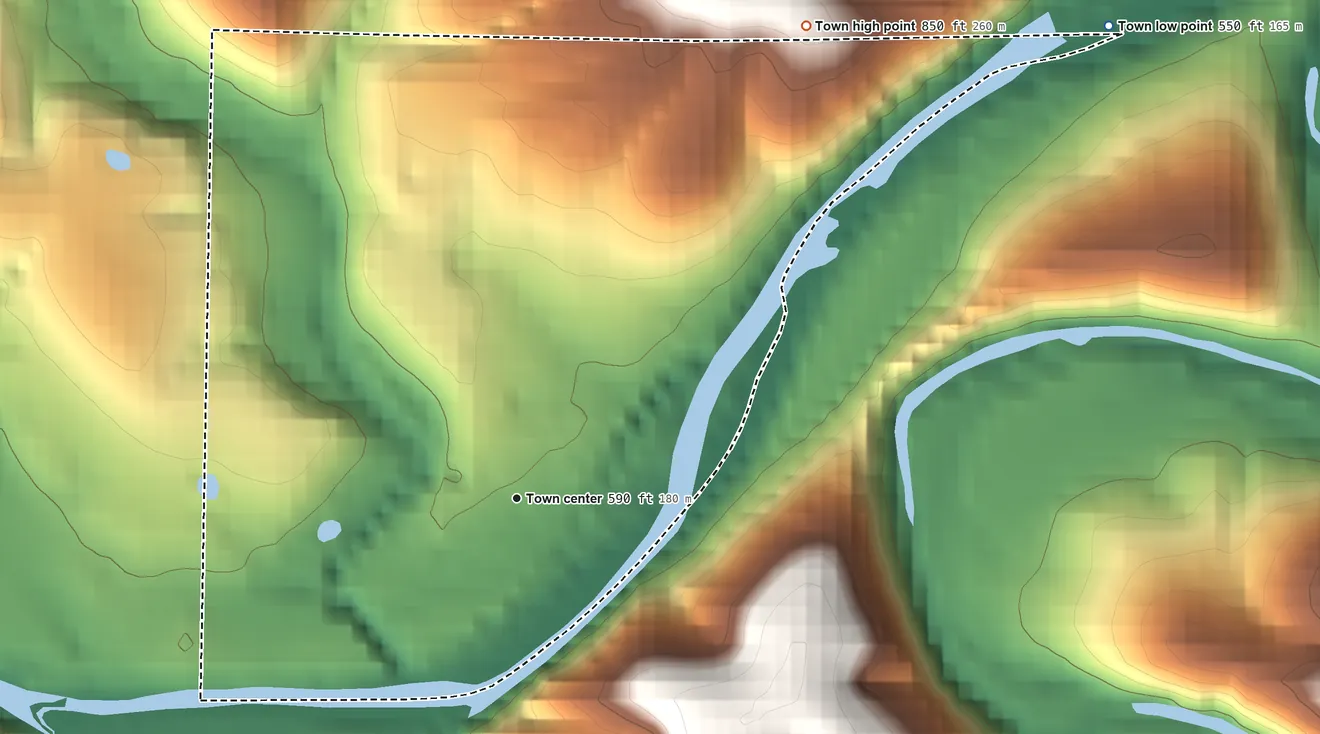 Topographic elevation map of Gilbert, Arkansas, shaded from 550 ft on the northeast side to 850 ft on the northeast side