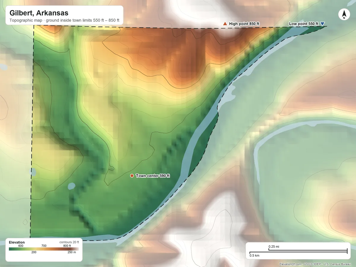 Topographic elevation map of Gilbert, Arkansas, shaded from 550 ft on the northeast side to 850 ft on the northeast side