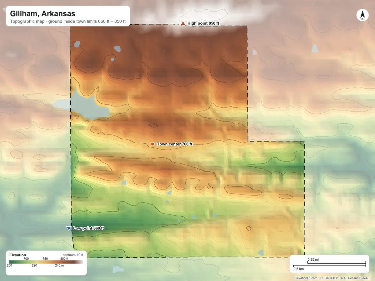 Topographic elevation map of Gillham, Arkansas, shaded from 660 ft on the southwest side to 850 ft on the north side