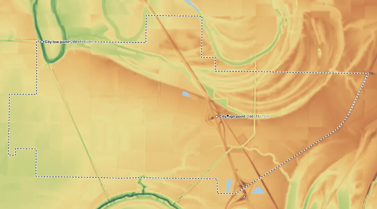 Topographic elevation map of Gilmore, Arkansas, shaded from 200 ft on the west side to 240 ft near the middle
