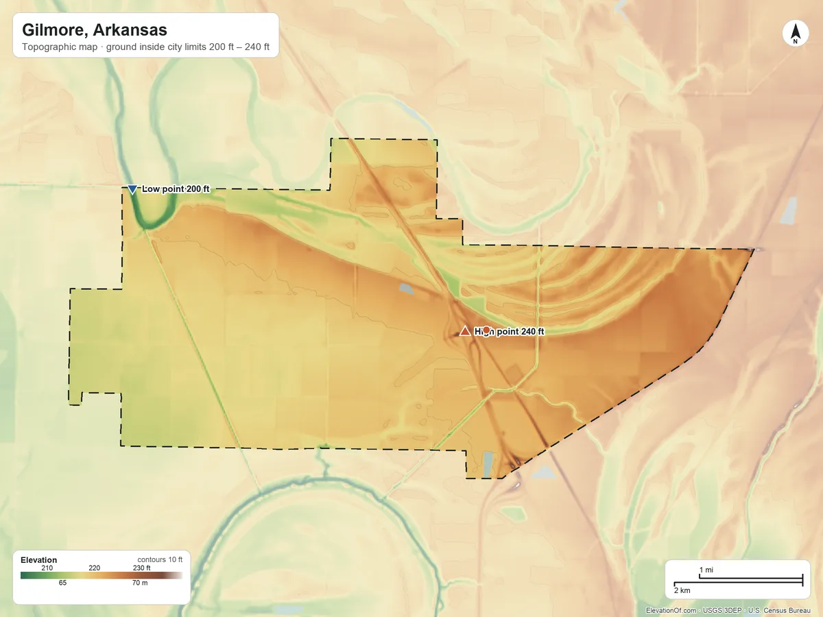 Topographic elevation map of Gilmore, Arkansas, shaded from 200 ft on the west side to 240 ft near the middle