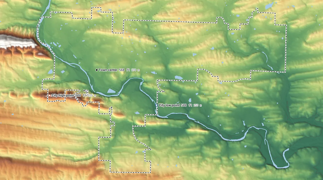 Topographic elevation map of Glenwood, Arkansas, shaded from 500 ft on the southeast side to 900 ft on Burnham Mountain
