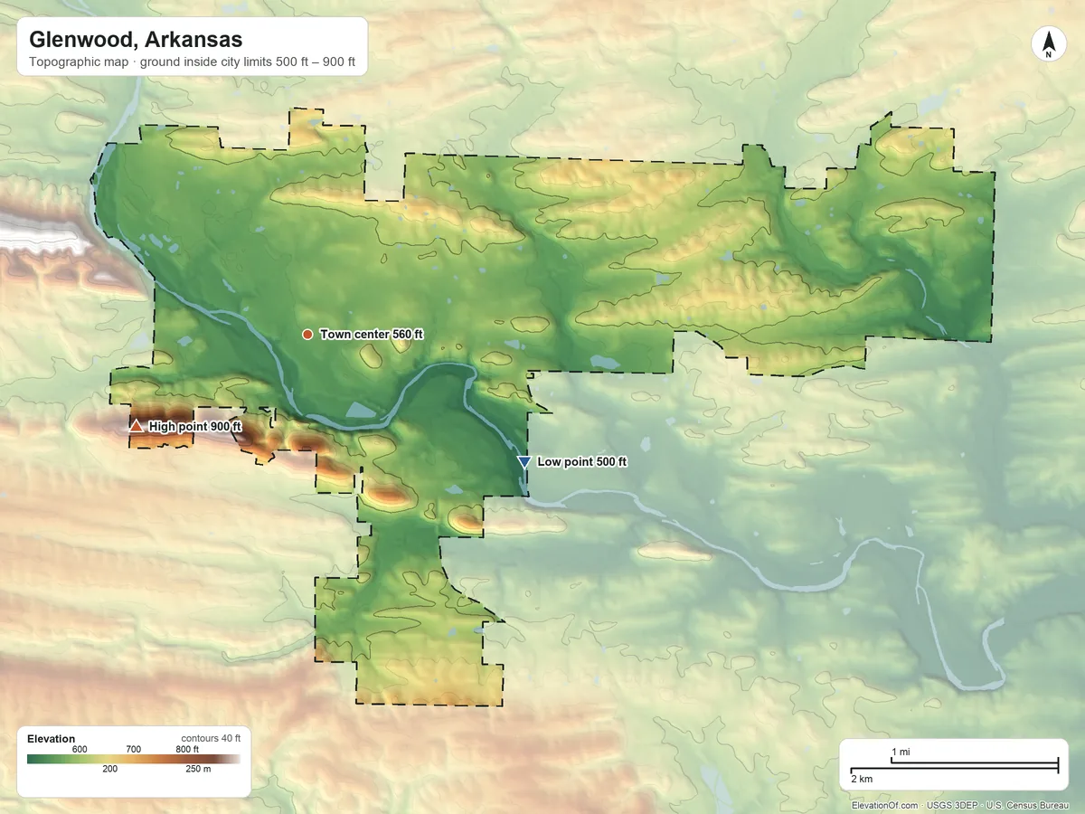 Topographic elevation map of Glenwood, Arkansas, shaded from 500 ft on the southeast side to 900 ft on Burnham Mountain