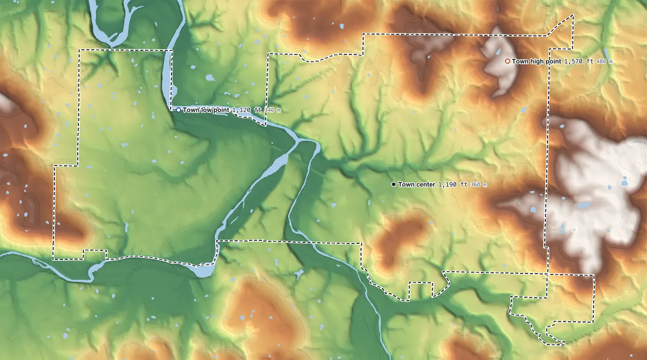 Topographic elevation map of Goshen, Arkansas, shaded from 1,120 ft on the west side to 1,570 ft on the northeast side