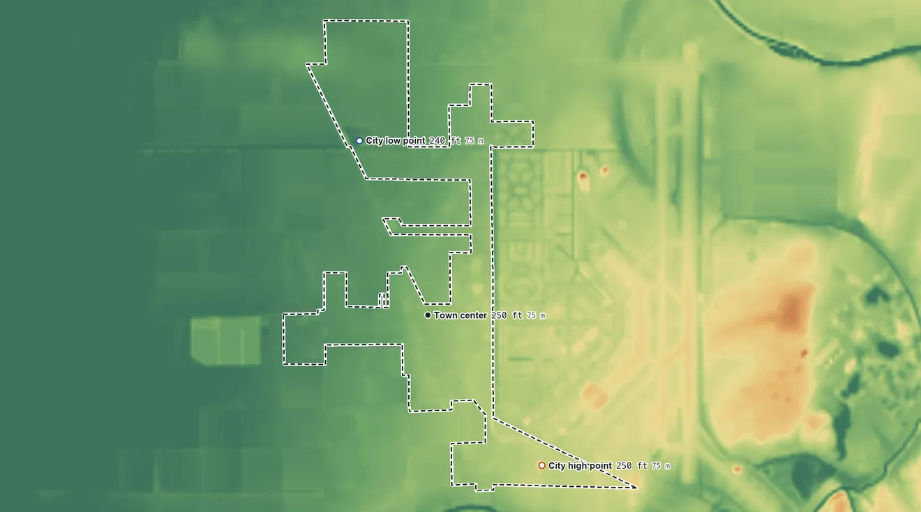 Topographic elevation map of Gosnell, Arkansas, shaded from 240 ft on the north side to 250 ft on the southeast side