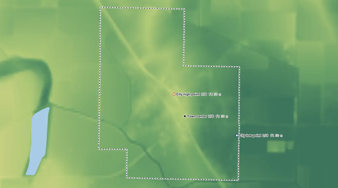 Topographic elevation map of Gould, Arkansas, shaded from 160 ft on the east side to 170 ft on the northwest side