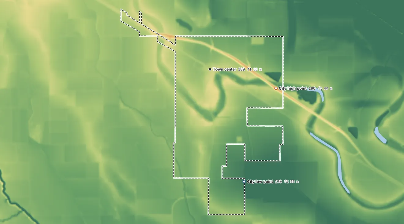 Topographic elevation map of Grady, Arkansas, shaded from 170 ft on the south side to 190 ft on the east side