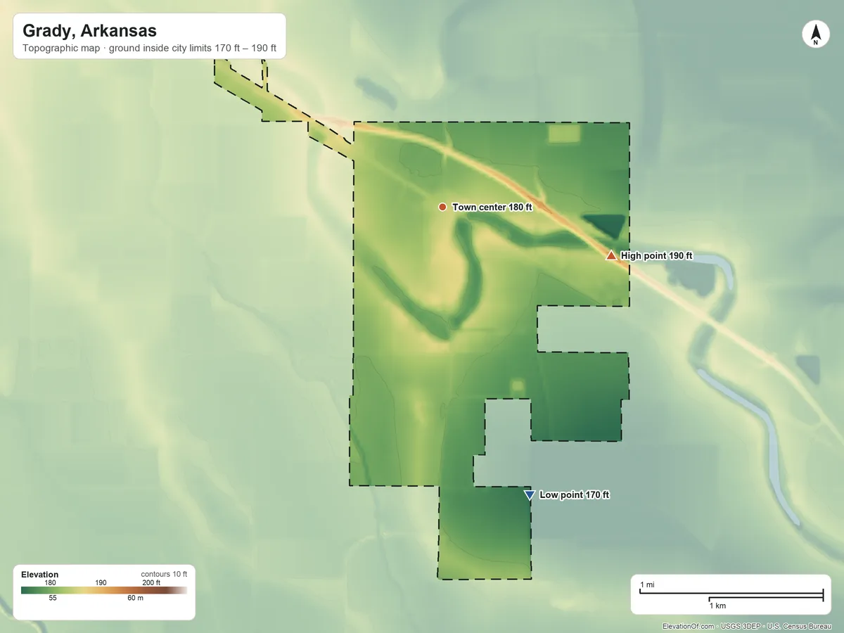 Topographic elevation map of Grady, Arkansas, shaded from 170 ft on the south side to 190 ft on the east side