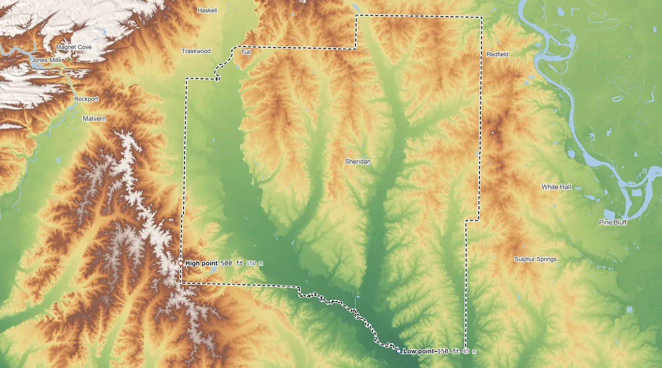 Topographic elevation map of Grant County, Arkansas, shaded from 150 ft on the south side to 500 ft on the southwest side