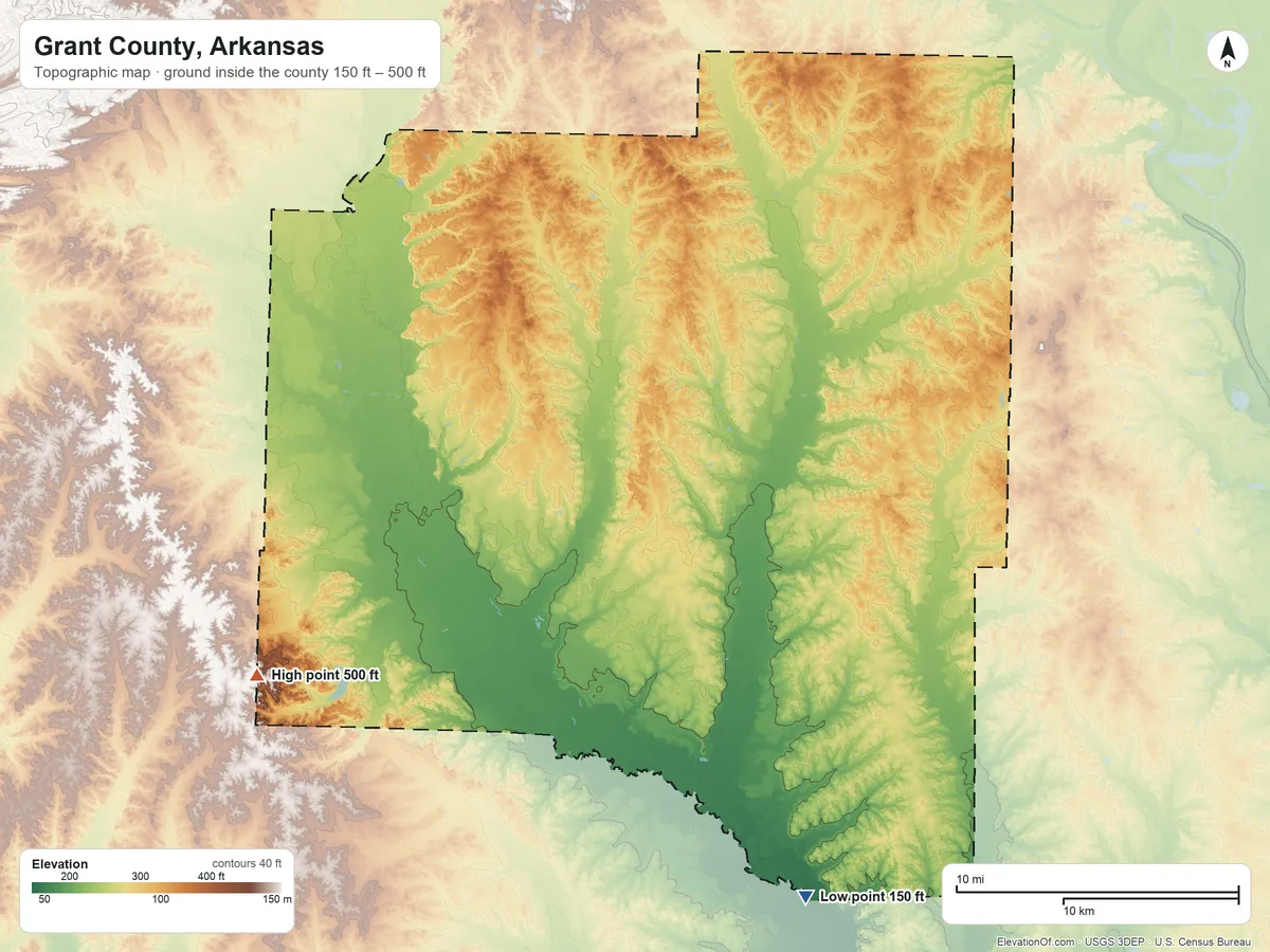 Topographic elevation map of Grant County, Arkansas, shaded from 150 ft on the south side to 500 ft on the southwest side