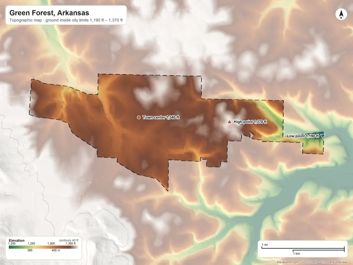 Topographic elevation map of Green Forest, Arkansas, shaded from 1,190 ft on the east side to 1,370 ft on the east side