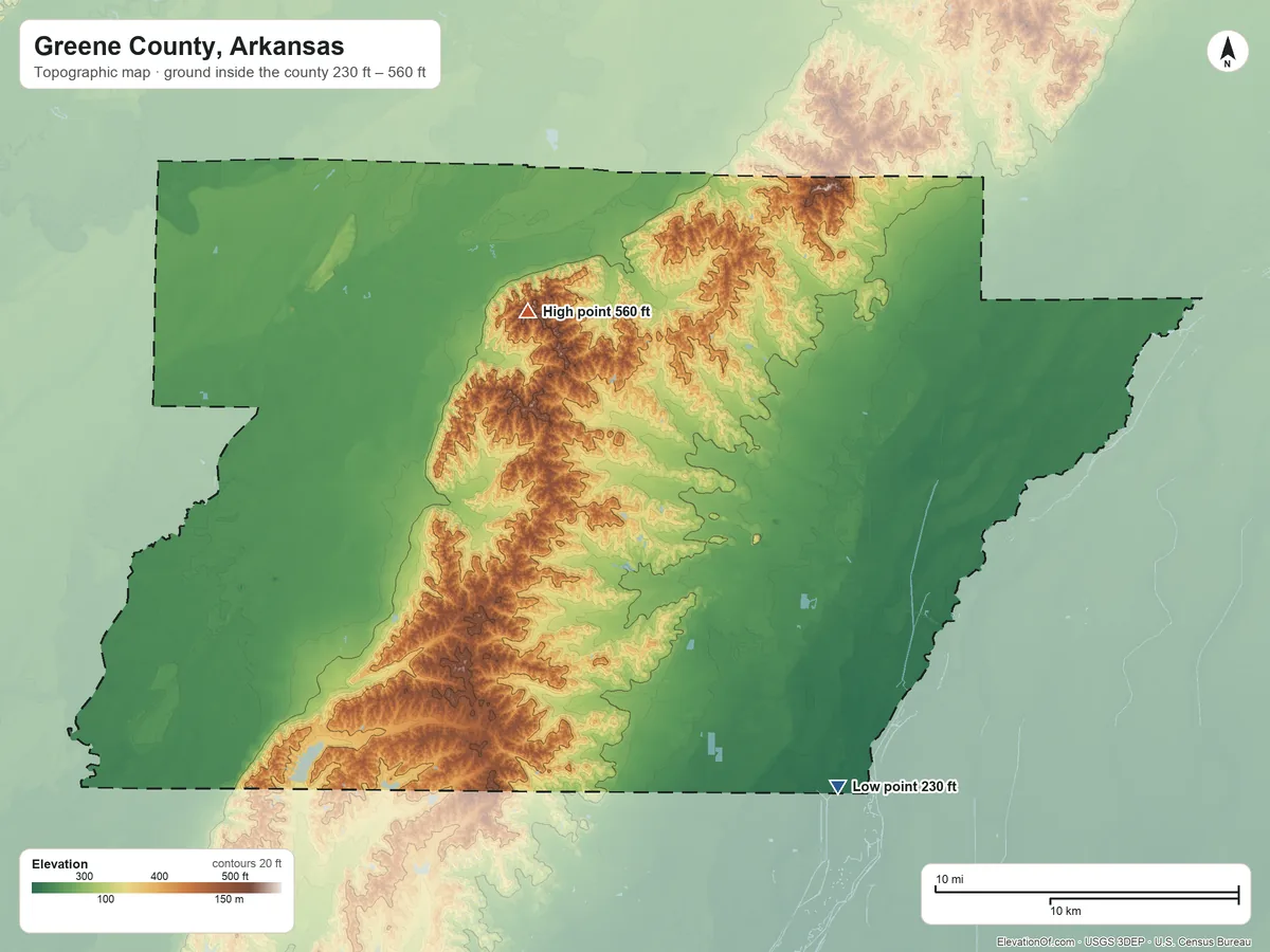 Topographic elevation map of Greene County, Arkansas, shaded from 230 ft on the southeast side to 560 ft on the northwest side