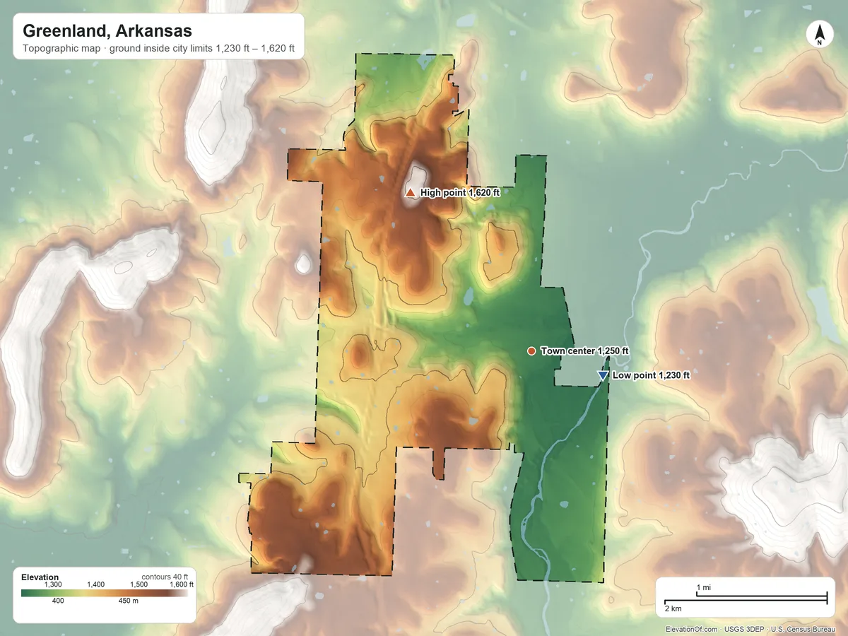 Topographic elevation map of Greenland, Arkansas, shaded from 1,230 ft on the east side to 1,620 ft on McCullom Mountain
