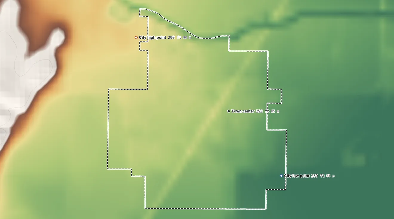 Topographic elevation map of Greenway, Arkansas, shaded from 280 ft on the southeast side to 290 ft on the northwest side