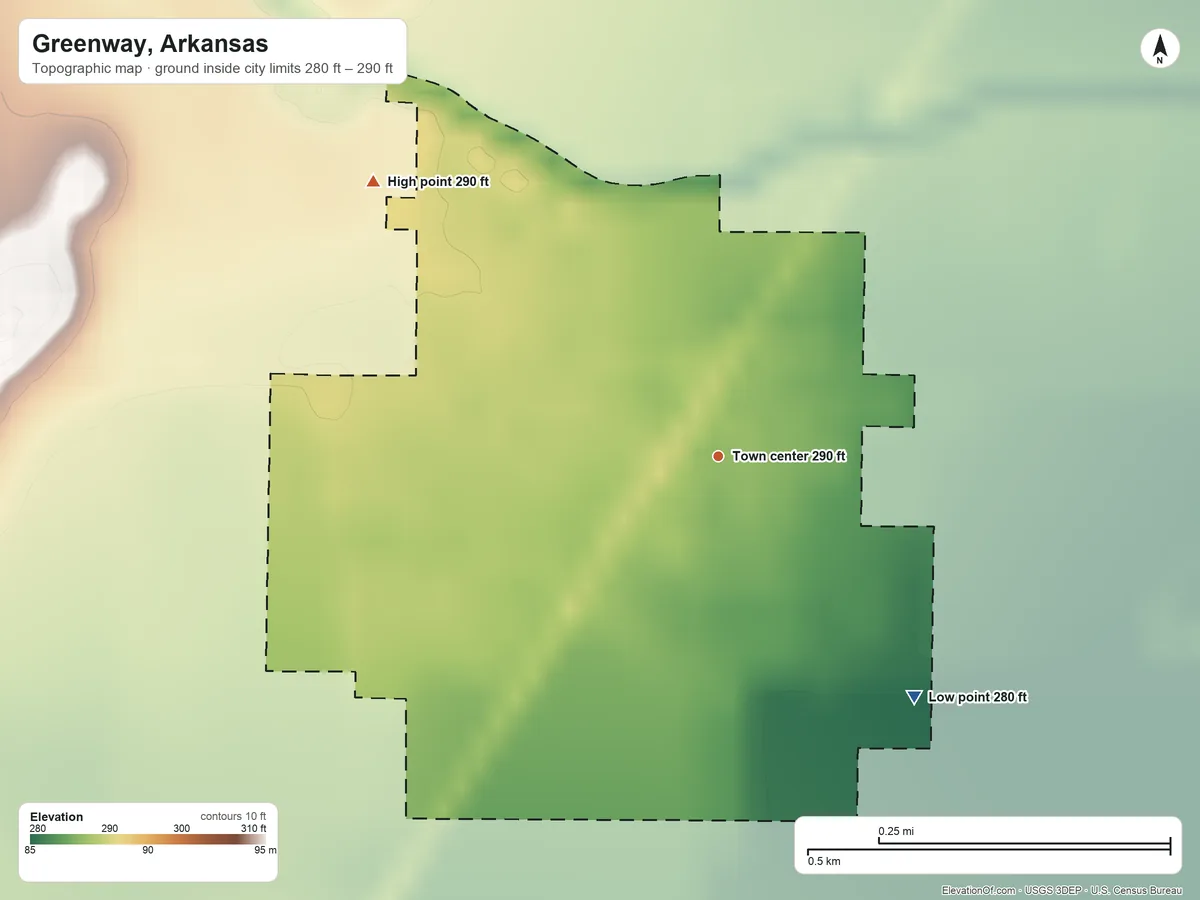 Topographic elevation map of Greenway, Arkansas, shaded from 280 ft on the southeast side to 290 ft on the northwest side