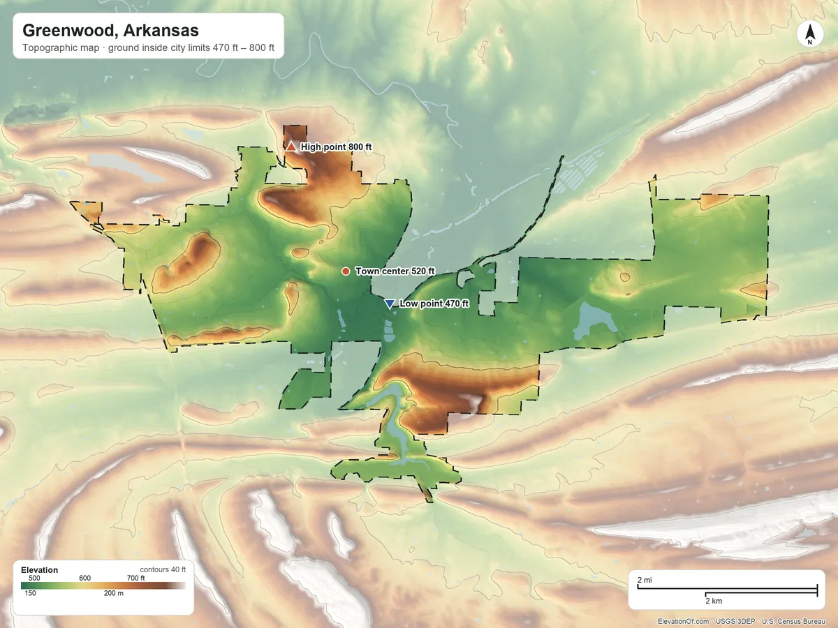 Topographic elevation map of Greenwood, Arkansas, shaded from 470 ft near the middle to 800 ft on the northwest side