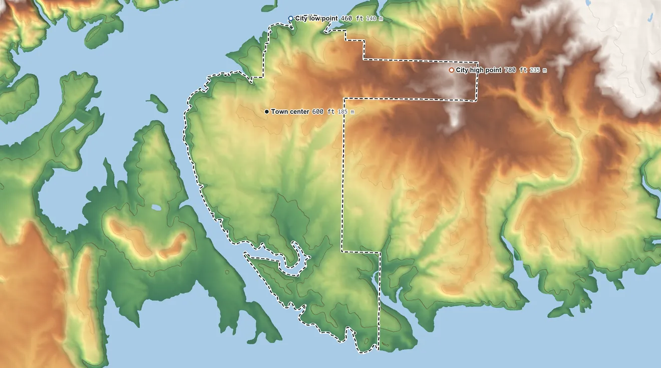 Topographic elevation map of Greers Ferry, Arkansas, shaded from 460 ft on the north side to 780 ft on the east side