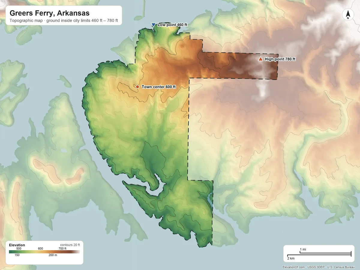 Topographic elevation map of Greers Ferry, Arkansas, shaded from 460 ft on the north side to 780 ft on the east side