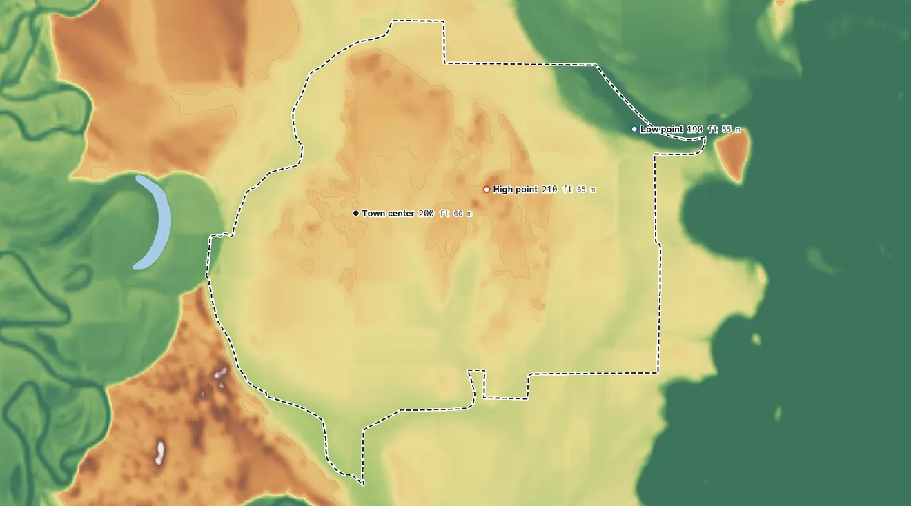 Topographic elevation map of Gregory, Arkansas, shaded from 190 ft on the east side to 210 ft on the east side