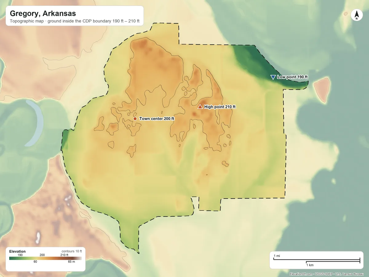 Topographic elevation map of Gregory, Arkansas, shaded from 190 ft on the east side to 210 ft on the east side