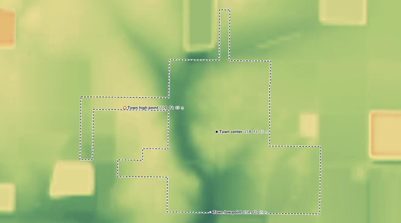 Topographic elevation map of Griffithville, Arkansas, shaded from 210 ft on the south side to 220 ft on the west side