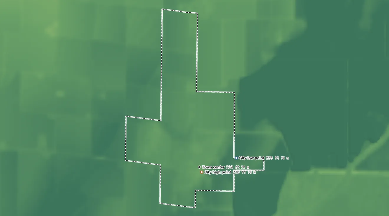 Topographic elevation map of Grubbs, Arkansas, shaded from 230 ft on the east side to 230 ft near the middle