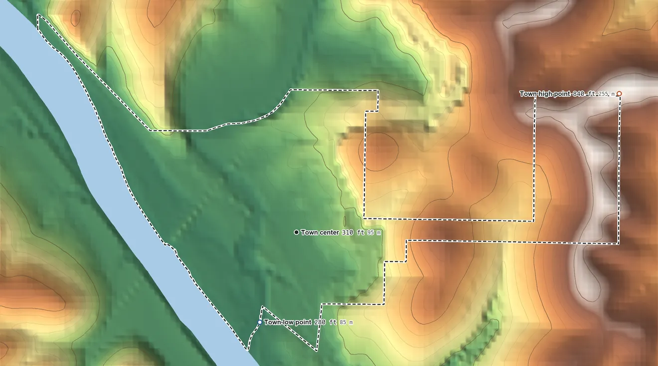 Topographic elevation map of Guion, Arkansas, shaded from 280 ft on the south side to 840 ft on the northeast side