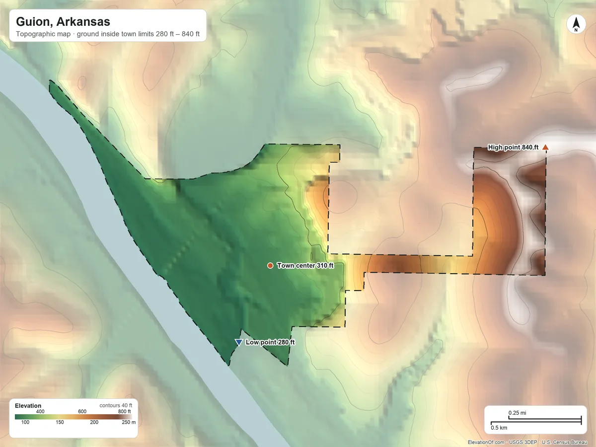 Topographic elevation map of Guion, Arkansas, shaded from 280 ft on the south side to 840 ft on the northeast side