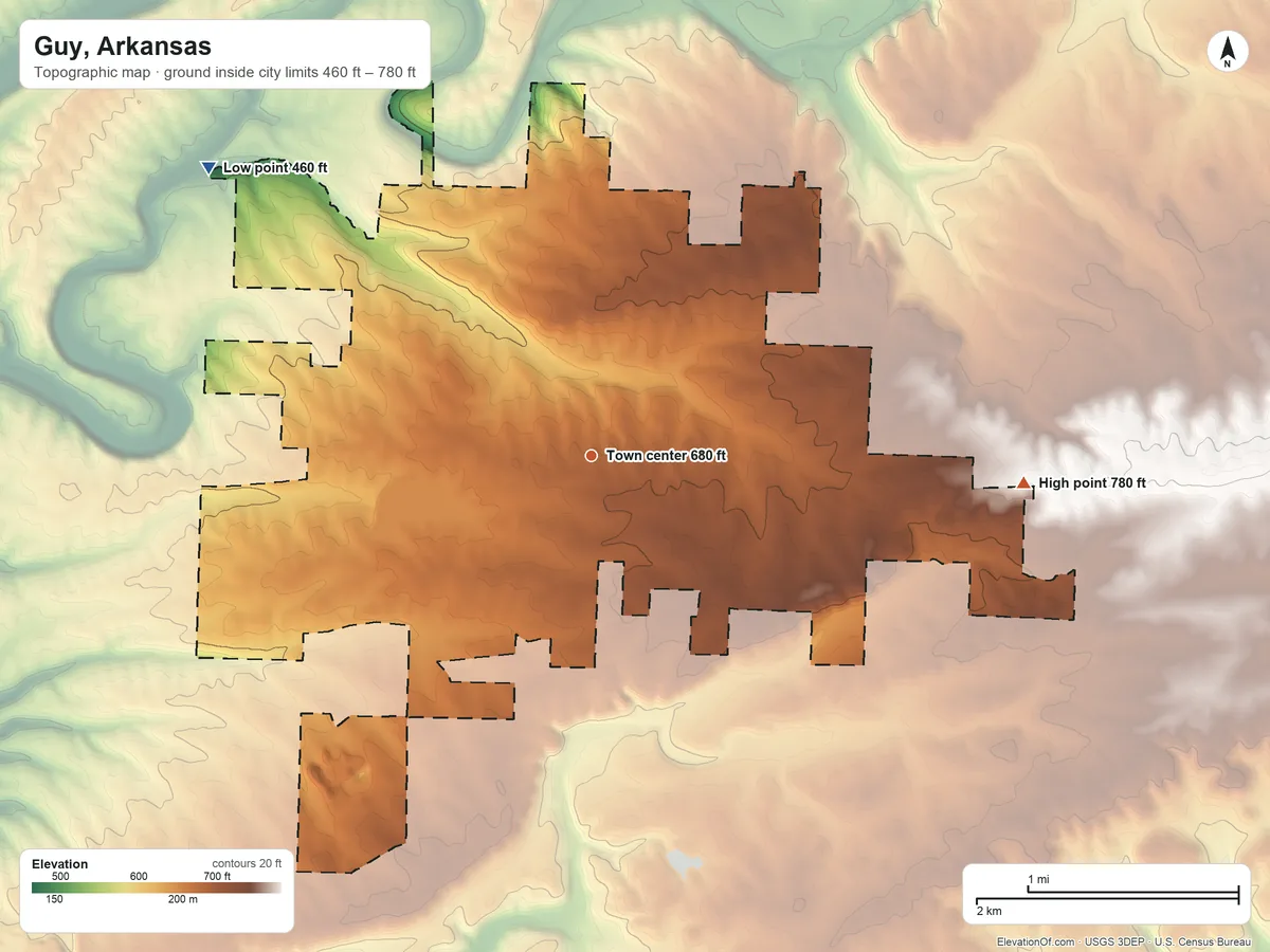 Topographic elevation map of Guy, Arkansas, shaded from 460 ft on the northwest side to 780 ft on the east side