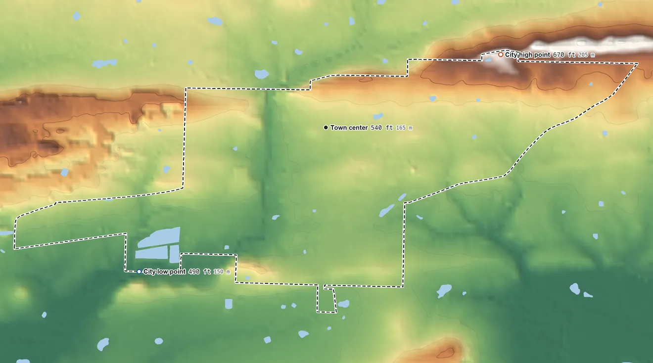 Topographic elevation map of Hackett, Arkansas, shaded from 490 ft on the southwest side to 670 ft on the northeast side