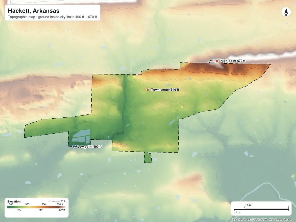 Topographic elevation map of Hackett, Arkansas, shaded from 490 ft on the southwest side to 670 ft on the northeast side