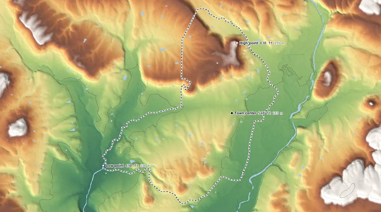 Topographic elevation map of Hagarville, Arkansas, shaded from 430 ft on the west side to 830 ft on Hagarville Mountain