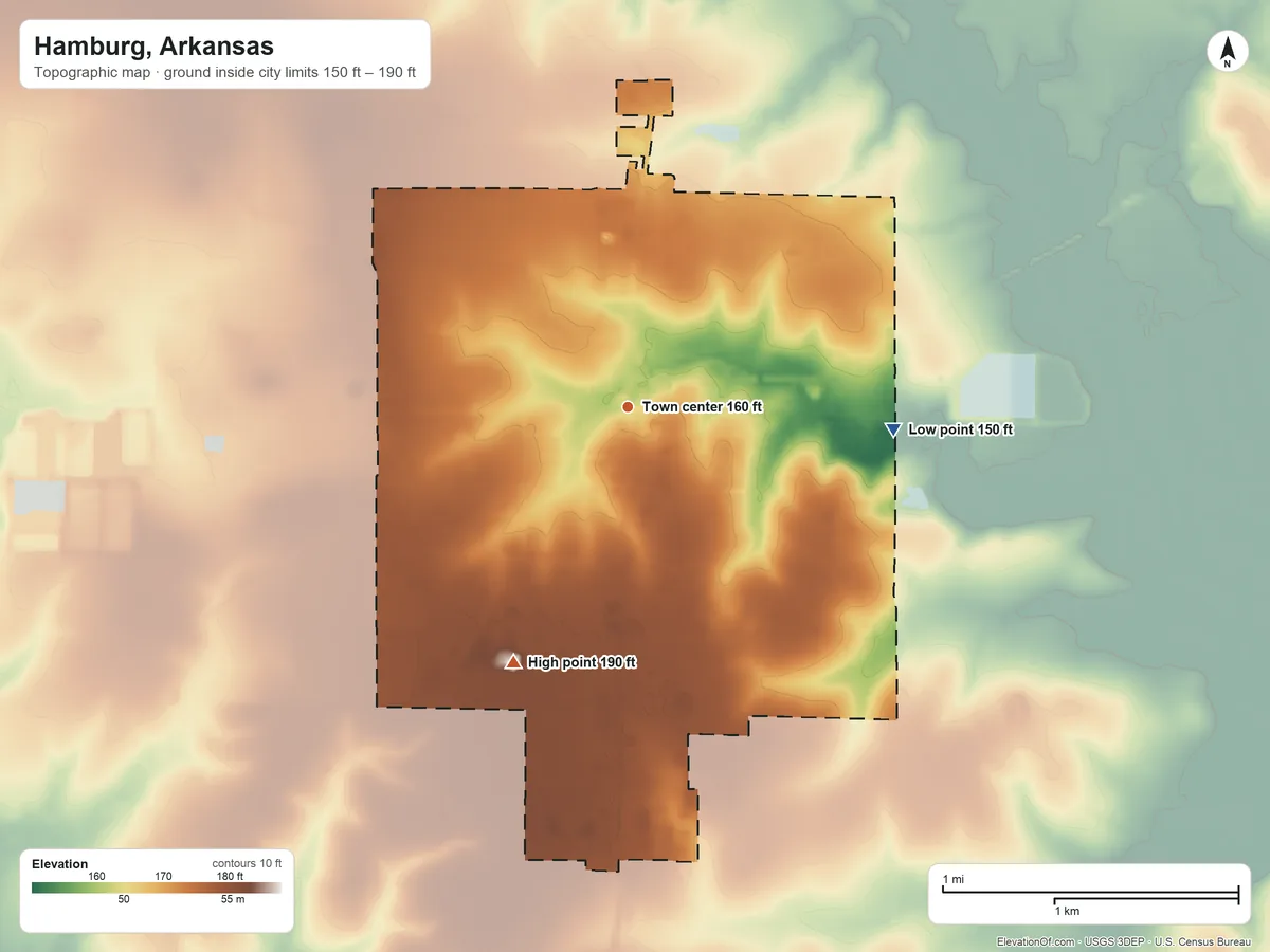 Topographic elevation map of Hamburg, Arkansas, shaded from 150 ft on the east side to 190 ft on the southwest side