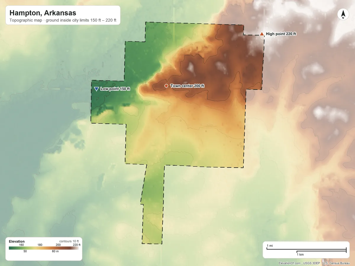 Topographic elevation map of Hampton, Arkansas, shaded from 150 ft on the west side to 220 ft on the northeast side