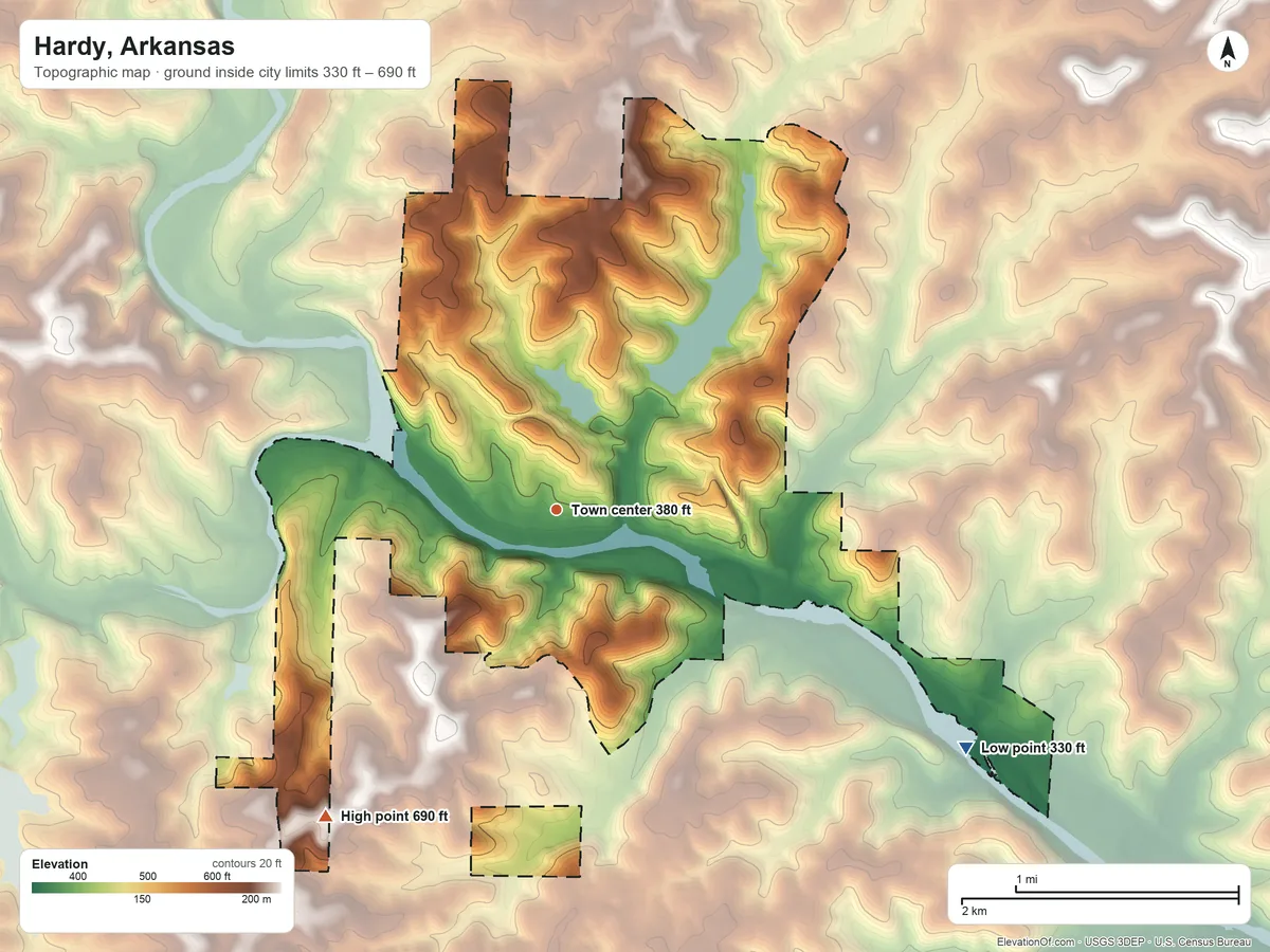 Topographic elevation map of Hardy, Arkansas, shaded from 330 ft on the southeast side to 690 ft on the southwest side