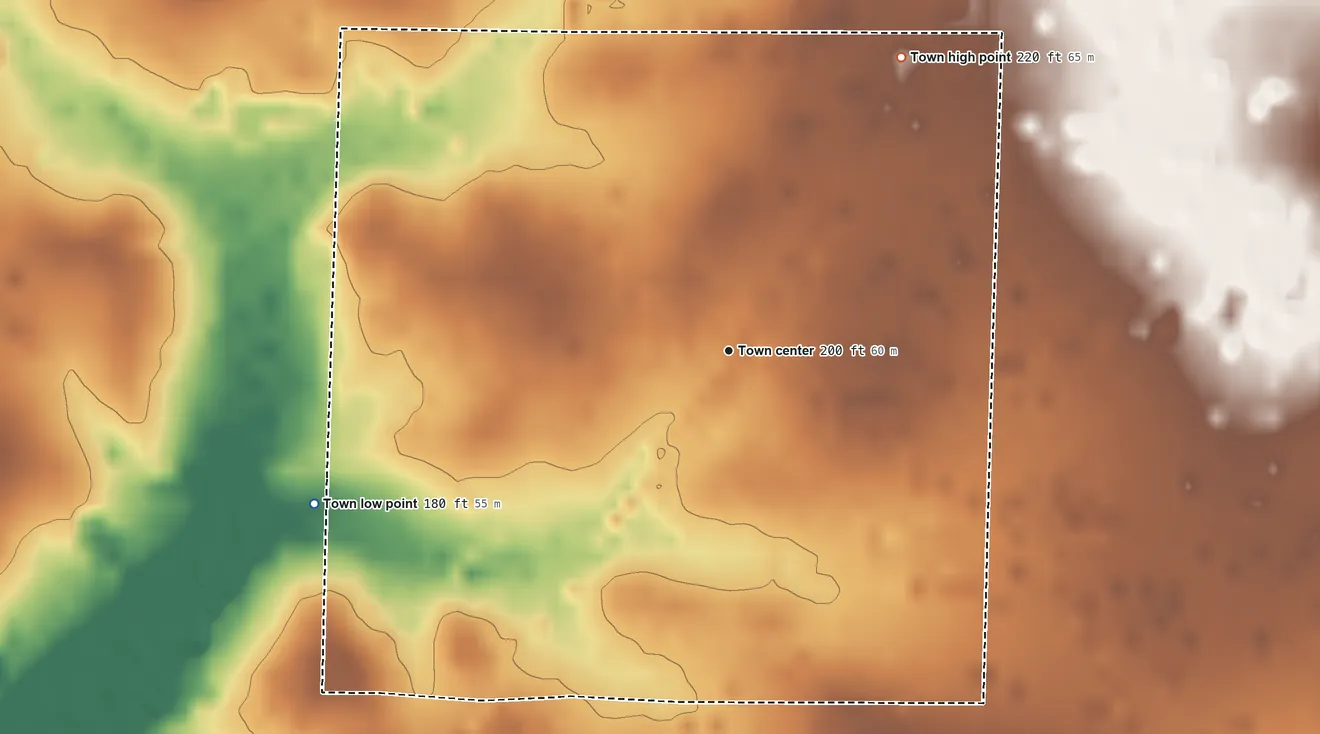 Topographic elevation map of Harrell, Arkansas, shaded from 180 ft on the west side to 220 ft on the northeast side