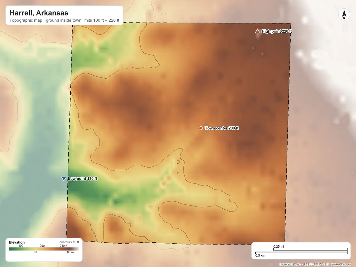 Topographic elevation map of Harrell, Arkansas, shaded from 180 ft on the west side to 220 ft on the northeast side