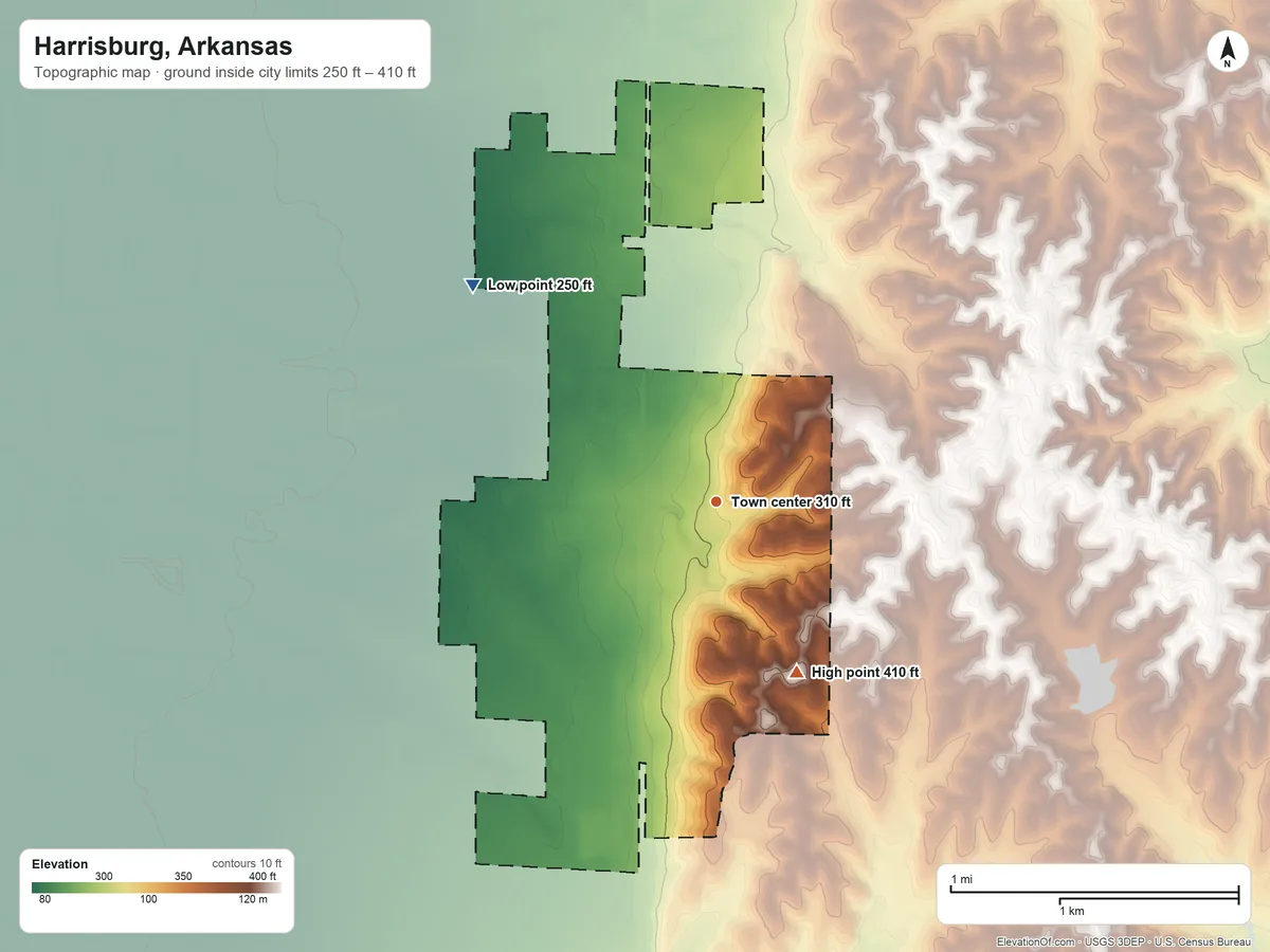Topographic elevation map of Harrisburg, Arkansas, shaded from 250 ft on the northwest side to 410 ft on the southeast side