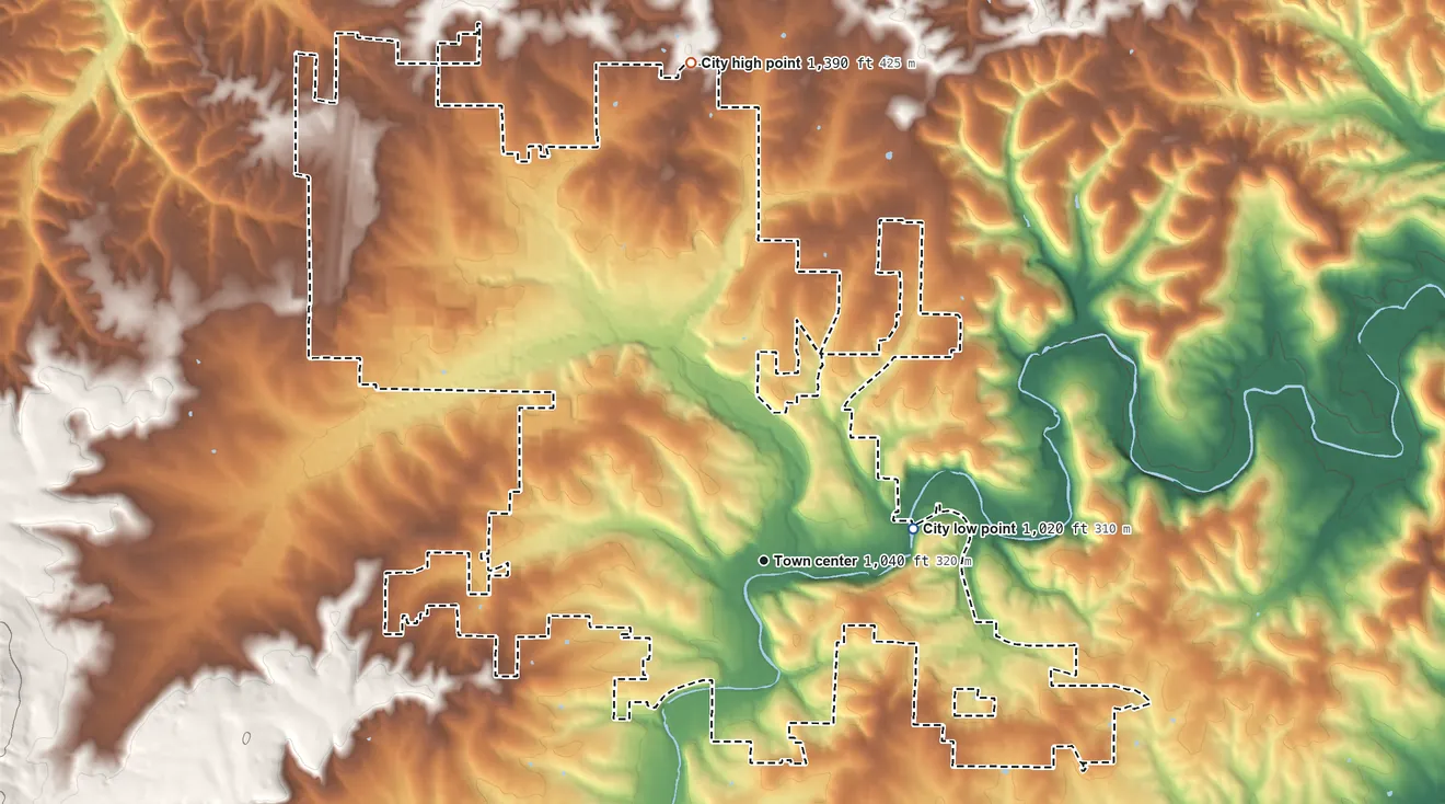 Topographic elevation map of Harrison, Arkansas, shaded from 1,020 ft on the east side to 1,390 ft on the north side