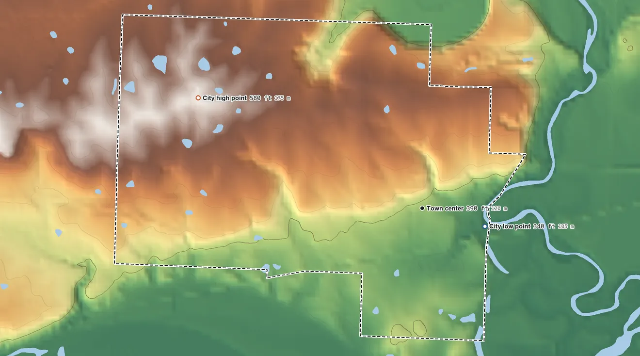 Topographic elevation map of Hartman, Arkansas, shaded from 340 ft on the east side to 580 ft on the northwest side