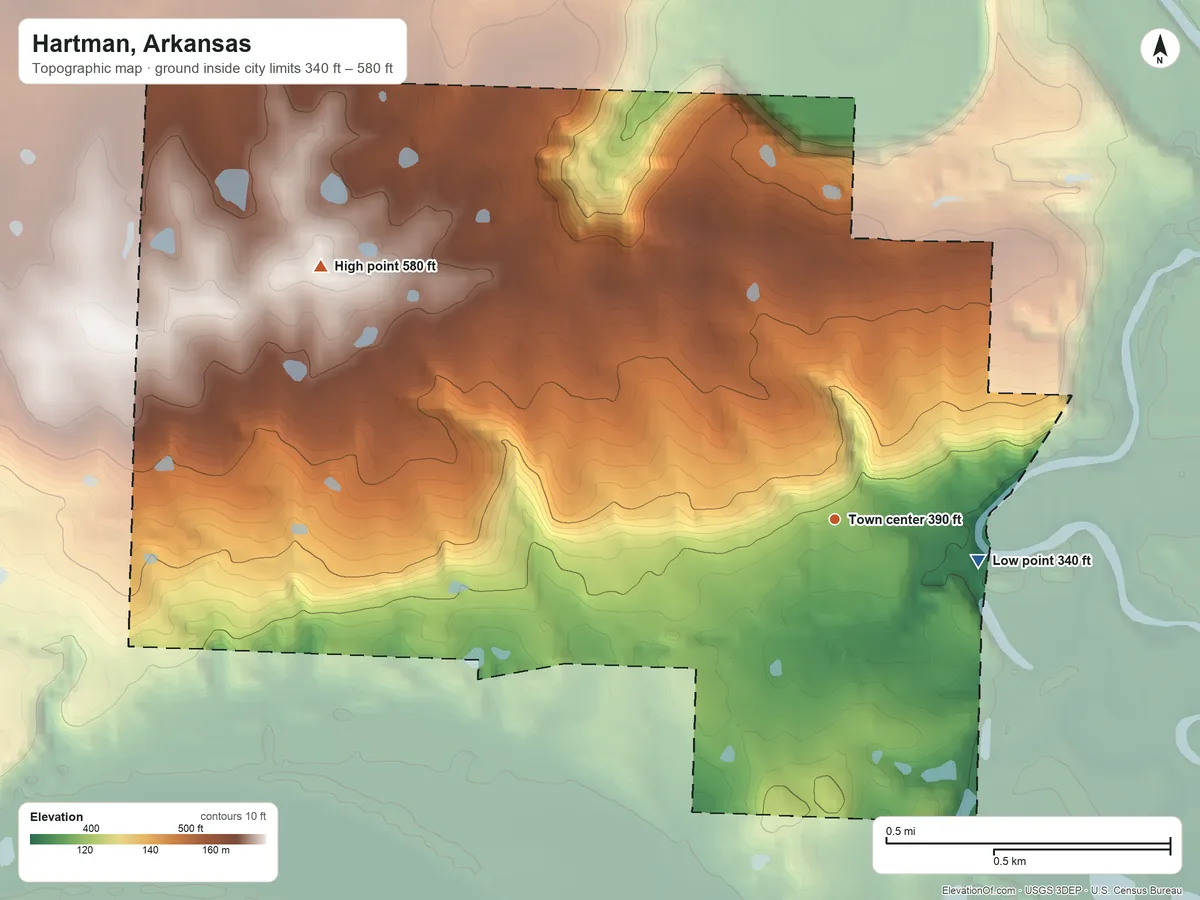 Topographic elevation map of Hartman, Arkansas, shaded from 340 ft on the east side to 580 ft on the northwest side